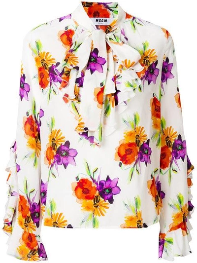 Msgm Longlseeve Tie Neck Blouse In White