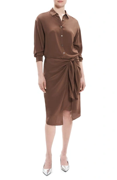 Theory Sarong Wrap-skirt Knee-length Shirtdress In Pecan