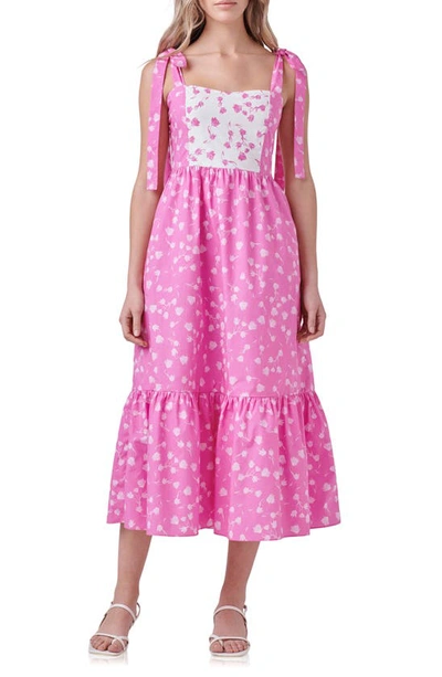 English Factory Colorblock Floral Tie Strap Dress In Pink/white