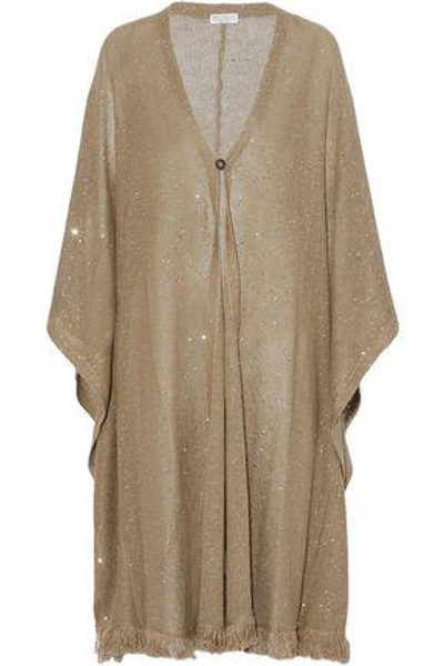 Brunello Cucinelli Woman Fringe-trimmed Sequined Linen And Silk-blend Cardigan Gold