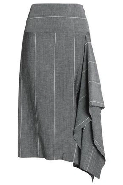 Brunello Cucinelli Woman Asymmetric Pinstriped Wool And Linen-blend Midi Skirt Gray