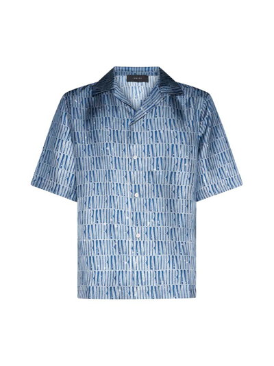 Amiri Paint-splatter Logo-jacquard Silk-twill Shirt In Blue