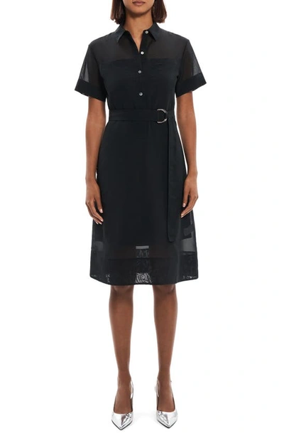 Theory Short-sleeve Belted Layered Shirtdress In Black - 001