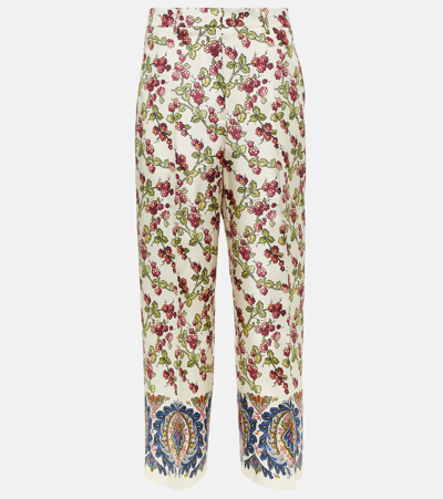 Etro Cropped Printed Silk-twill Straight-leg Trousers In White