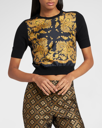 Etro Cashmere Knit Top With Dahlia Paisley Printed Silk Front In Black