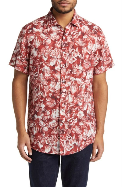 Rodd & Gunn Mount Hutt Sports Fit Floral Short Sleeve Linen Button-up Shirt In Crimson