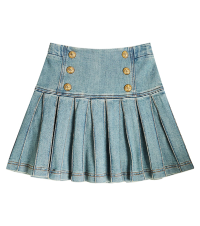 Balmain Kids' Pleated Denim Skirt In Blue