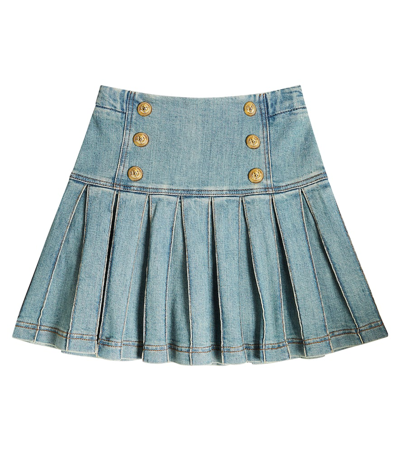 Balmain Kids' 百褶牛仔半身裙 In Blue