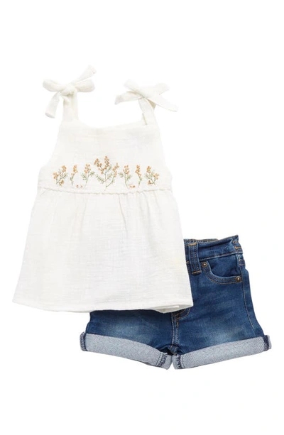 7 For All Mankind Babies' Floral Tank & Denim Shorts Set In Oyster