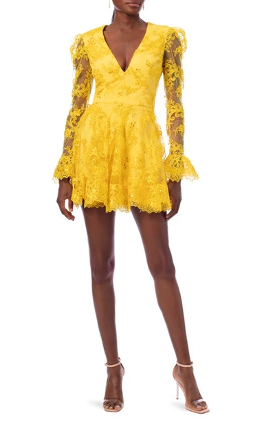 Helsi Lily Sequin & Lace Long Sleeve Minidress In Canary Yellow
