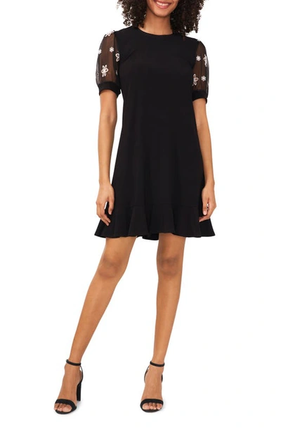 Cece Floral Eyelet Puff Sleeve Minidress In Rich Black