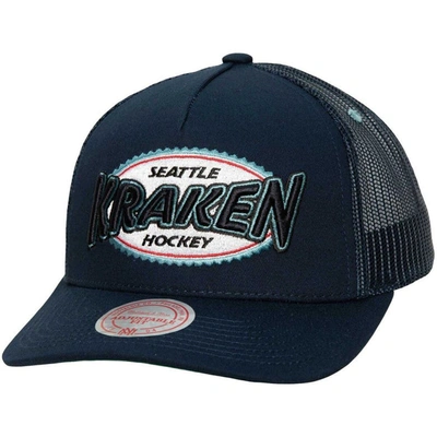 Mitchell & Ness Men's  Navy Seattle Kraken Team Seal Trucker Snapback Hat