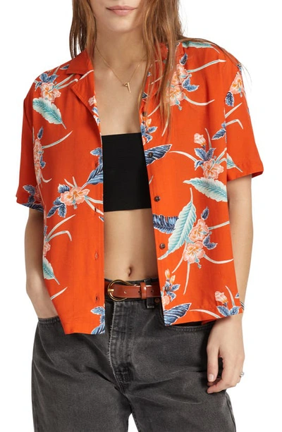 Brixton Bunker Paradise Floral Print Camp Shirt In Burnt Red