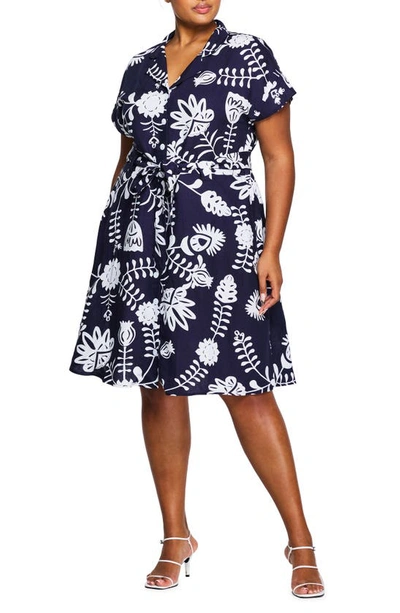 Estelle Belize Tie Waist Linen Blend Shirtdress In Print
