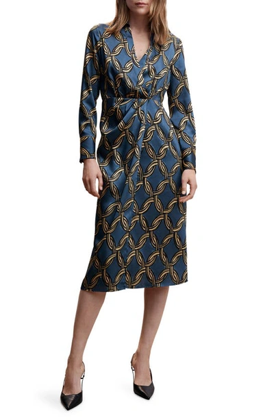 Mango Chain Print Long Sleeve Shirtdress In Medium Blue