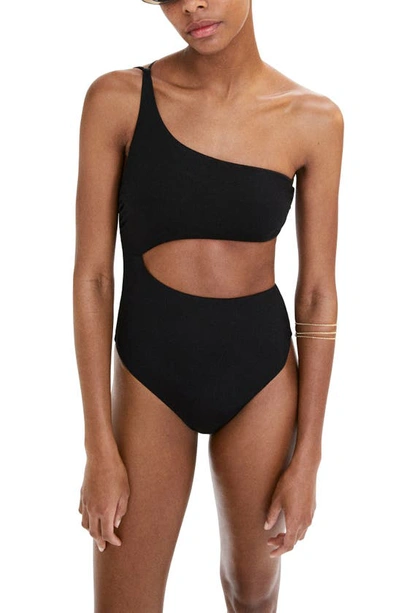 Mango Cutout Strappy One-shoulder One-piece Swimsuit In Black