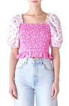 English Factory Colorblock Tulip Print Smocked Top In Pink/white