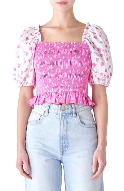 English Factory Colorblock Tulip Print Smocked Top In Pink/ White