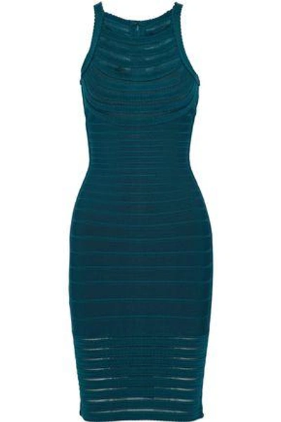 Herve Leger Woman Emely Mesh-trimmed Bandage Dress Teal