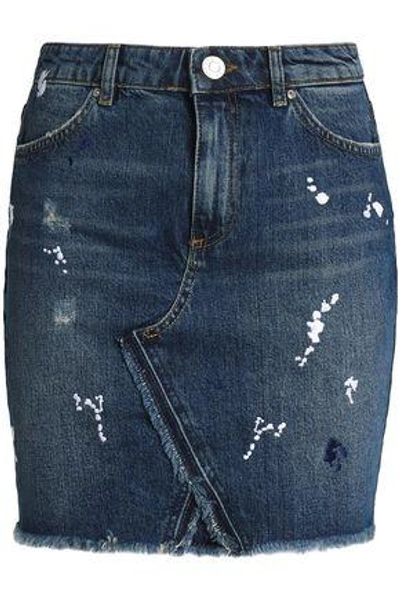 Zoe Karssen Woman Embroidered Distressed Denim Mini Skirt Mid Denim
