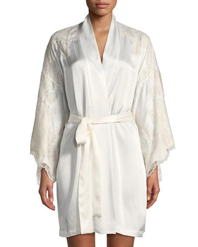 Josie Natori Camilla Lace-trim Silk Kimono Robe In White/pink