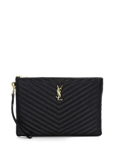Saint Laurent Monogram Ysl Quilted Leather Tablet Pouch Bag In Black