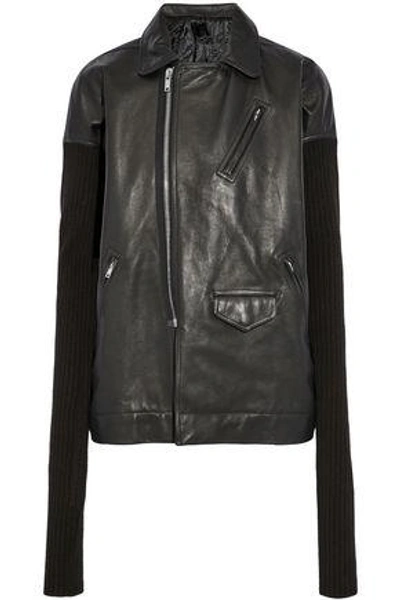 Rick Owens Ribbed Knit-paneled Leather Biker Jacket In Black