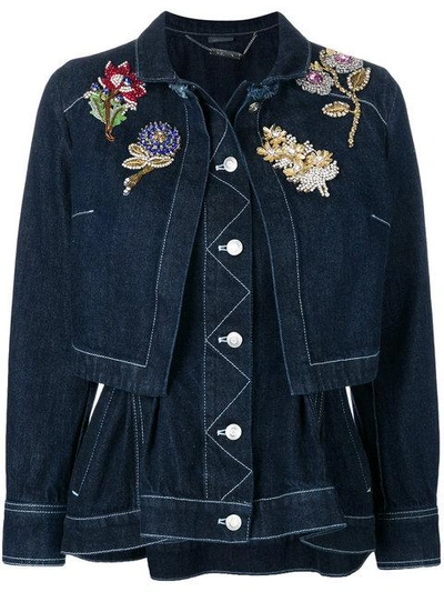 Alexander Mcqueen Embroidered Denim Peplum Jacket - Blue