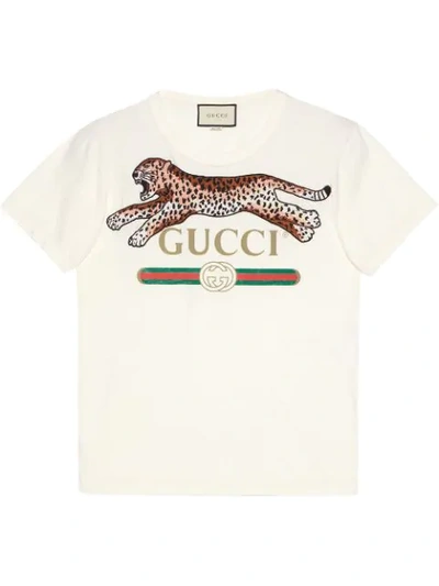 Gucci Leopard-embroidered Logo-print Cotton-jersey T-shirt In White