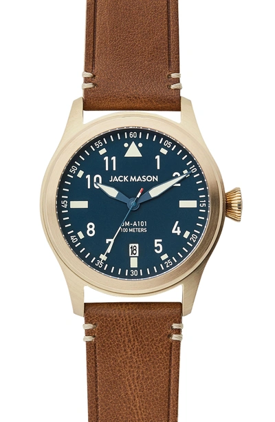 Jack Mason Aviation Leather Strap Watch, 42mm In Navy/ Saddle