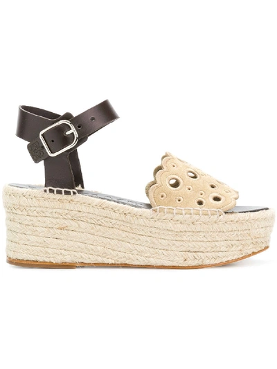 Loewe Broderie-anglaise Suede Flatform Espadrilles In Gold
