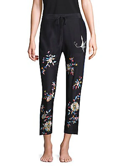 Josie Natori Mariposa Embroidered Silk Lounge Pants In Black