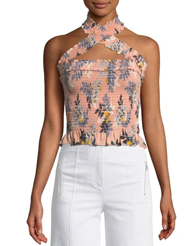 Cinq À Sept Donya Country Fern-print Smocked Halter Top In Pink Pattern