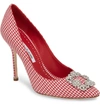 Manolo Blahnik Hangisi Crystal-buckle Gingham 105mm Pumps In Red Gingham