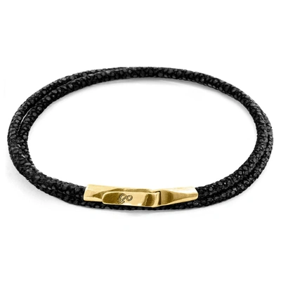 Anchor & Crew Raven Black Liverpool 9ct Yellow Gold And Stingray Leather Bracelet
