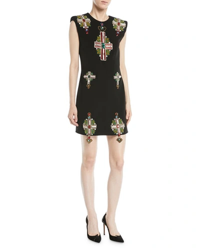 Versace Sleeveless Padded-shoulder Cross-embellished Mini Silk Cocktail Dress