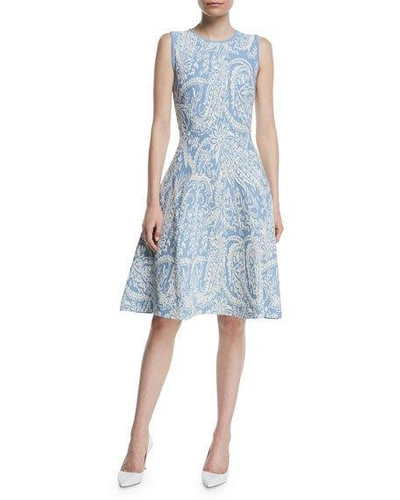 Zac Posen Sleeveless Knitted Jacquard Fit-and-flare Knee-length Dress In Blue/white