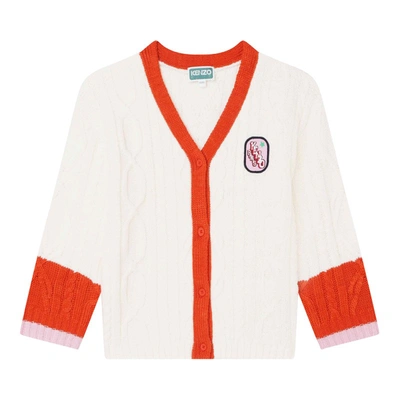 Kenzo Kids' Cable Knit Cardigan W/logo Patch In White