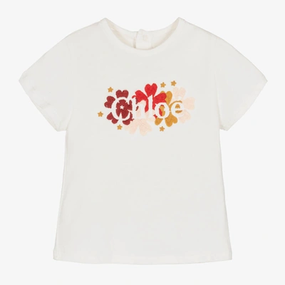 Chloé Kids' Girls Ivory Organic Cotton Embroidered T-shirt In Beige