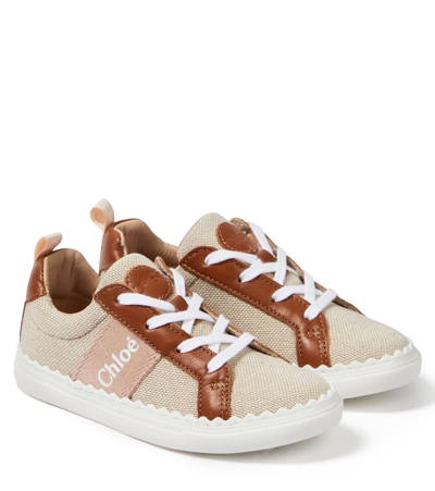 Chloé Kids' Leather & Cotton Lace-up Sneakers In Beige,brown