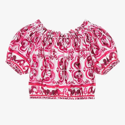 Dolce & Gabbana Kids' Majolica Print Cotton Poplin Crop Top In Fuchsia