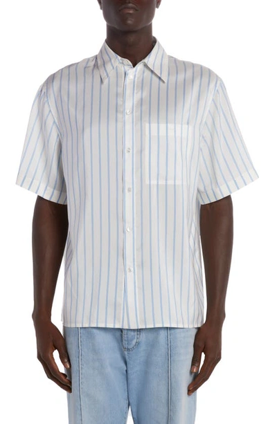 Bottega Veneta Double Stripe Short Sleeve Silk Button-up Shirt In Off White,blue