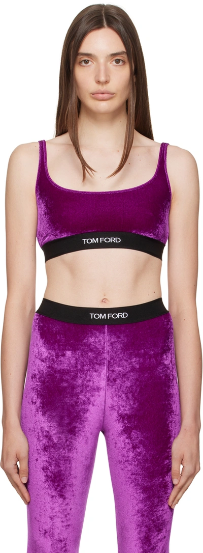 Tom Ford Stretch Velvet Logo Bra Top In Pink & Purple