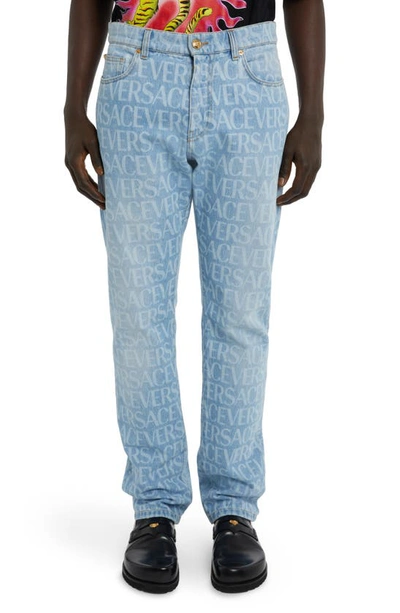 Versace Monogram Cotton Denim Jeans In Azzurro