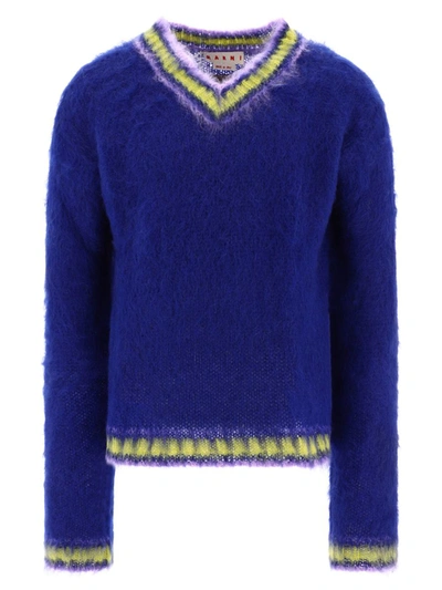 Marni Brushed Mohair Blend Knit V-neck Sweater In Blue