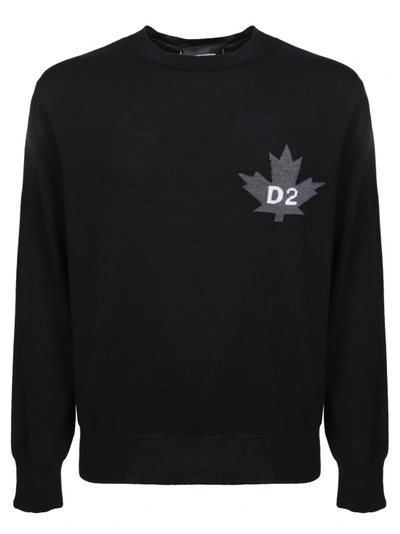 Dsquared2 D2 Leaf Black Sweater With Jacquard Logo At The Front In Wool Man In Nero