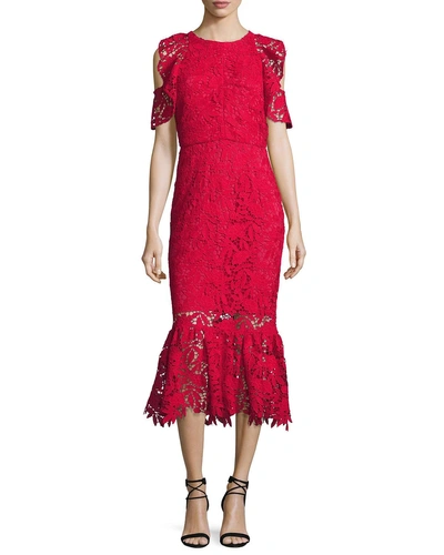 Shoshanna Francoise Cold-shoulder Lace Midi Dress, Raspberry