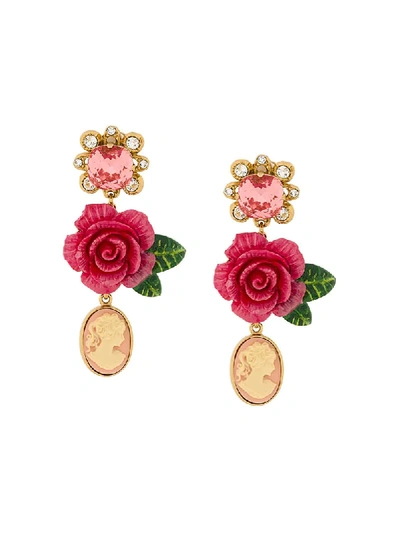 Dolce & Gabbana Rosetto Cameo Gold-tone Brass And Crystal Earrings In Pink