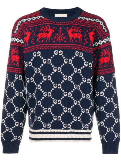 Gucci Gg Supreme Wool Jacquard Sweatshirt In Blue/red