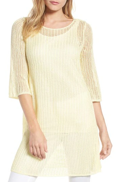 Eileen Fisher 3/4-sleeve Long Organic Linen Tunic With Side Slits In Daisy